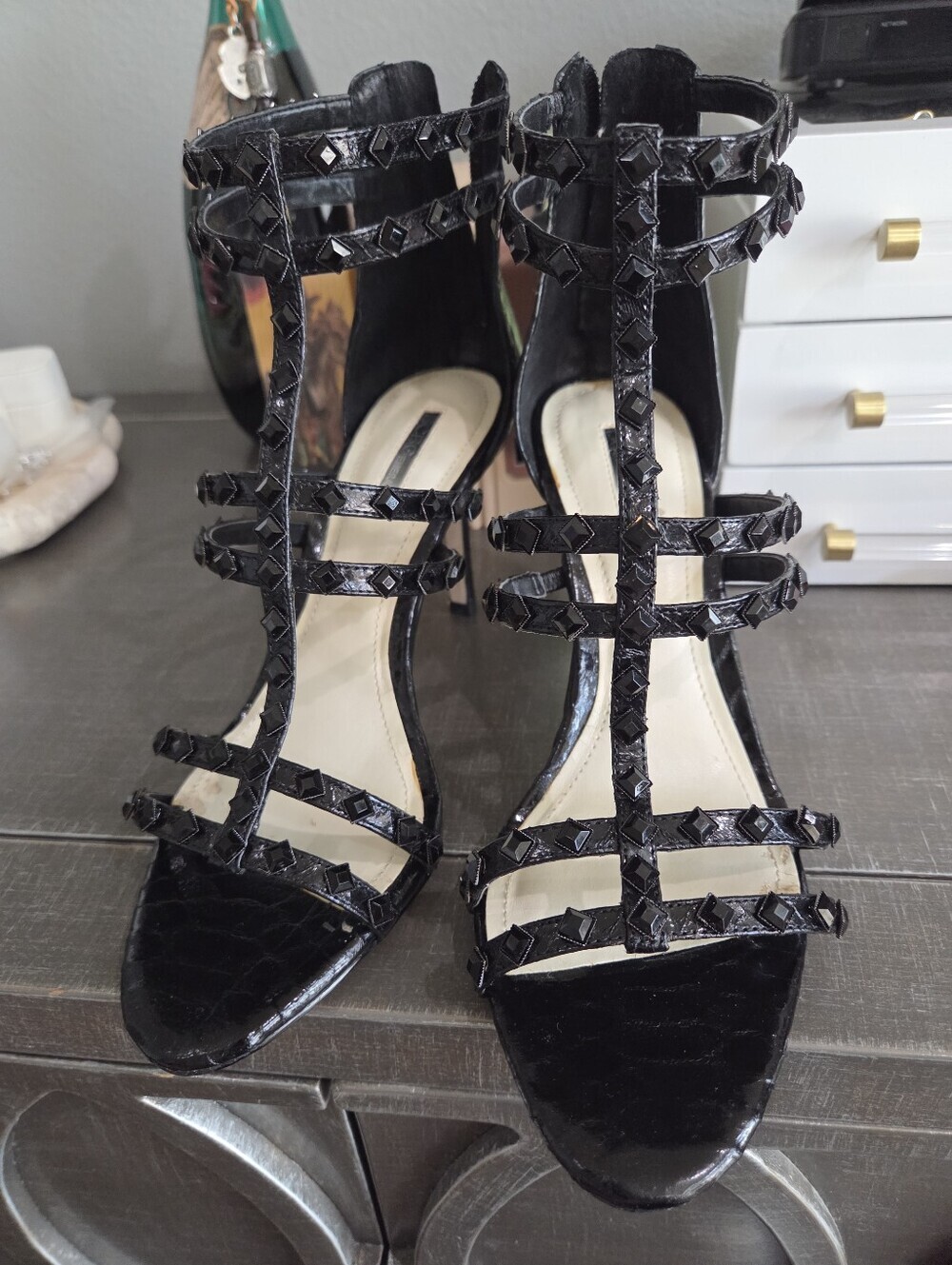 BCBGeneration Black Patent Studded T-Strap High Heel Sandals